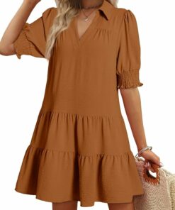 Women Lapel Collared V Neck Dress NO37